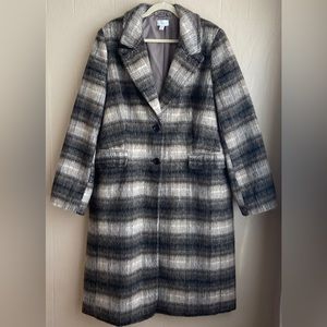 Topshop 12 Cozy Wool Blend Fuzzy Neutral Plaid Button Front Fall Long Coat